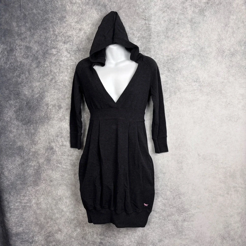 Victoria's Secret PINK Y2K Hooded Pullover Gray 3/4 Sleeve Sweatshirt Dress VTG - Picture 3 of 9